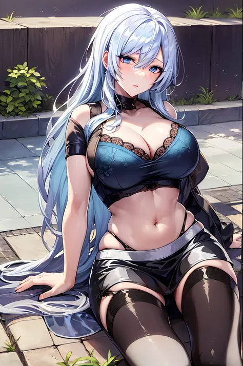 1yukino, silver hair, long hair, blue eyes, large breasts, cleavage, navel, t-shirt, ((bra)),clothes lift, skirt, lying, full bo...