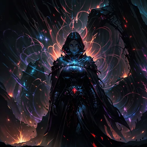 breathtaking concept art ((legendary dark mage lord)), black coat. (cave scenery), dark atmosphere, (vibrant colors), ((red spar...