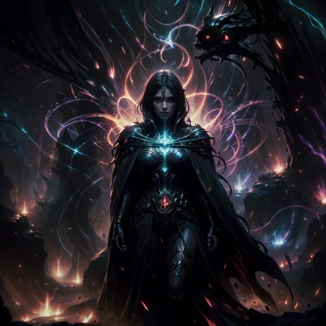 breathtaking concept art ((legendary dark mage lord)), black coat. (cave scenery), dark atmosphere, (vibrant colors), ((red spar...