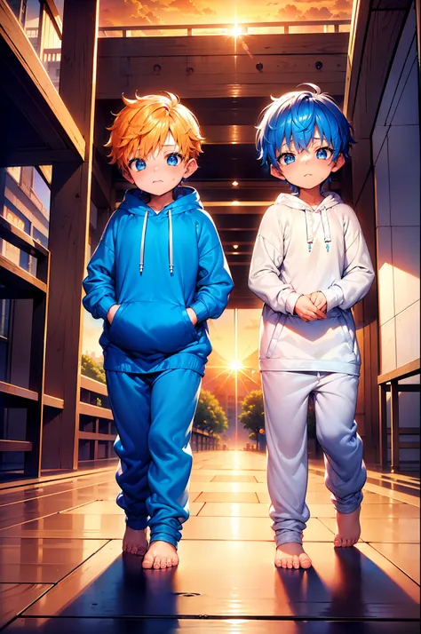 2 little boys with blue colored hair and shiny, glowing cyan eyes and barefoot and small feet, who wear a yellow oversized hoodi...