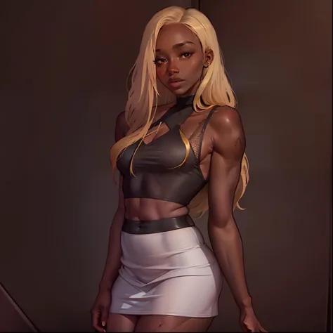 dark skinned female with long blonde hair, wearing fishnets, wearing mesh sleeveless top, wearing black mini skirt, in bedroom