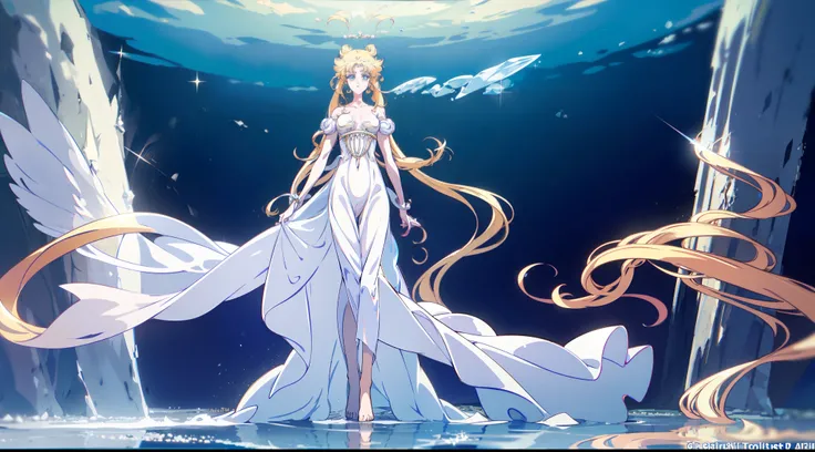 NSFW, ((beste-Qualit, 8K, tmasterpiece :1.3)), dramatic lighting, pretty woman, 1 girl, Sailor Moon, Detailed large eyes, tmasterpiece, breath taking, Viewer, Full growth in the frame, Long white hair, Two bundles on the head, pale skin, Odango hairstyle,...