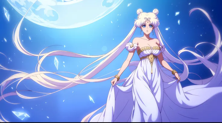 NSFW, ((beste-Qualit, 8K, tmasterpiece :1.3)), dramatic lighting, pretty woman, 1 girl, Sailor Moon, Detailed large eyes, tmasterpiece, breath taking, Viewer, Full growth in the frame, Long white hair, Two bundles on the head, pale skin, Odango hairstyle,...