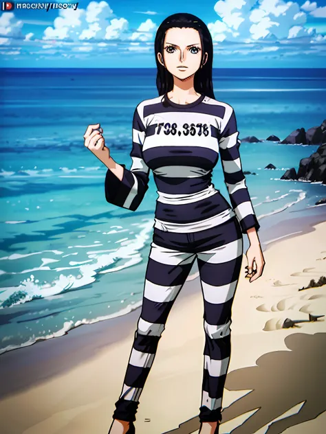 1girl, (shapely body), (solo), 30 years old, hdr, beach, nico robin, priclothes, striped clothes, prisoner, clothes, clothing, outfit, pants, long sleeves,