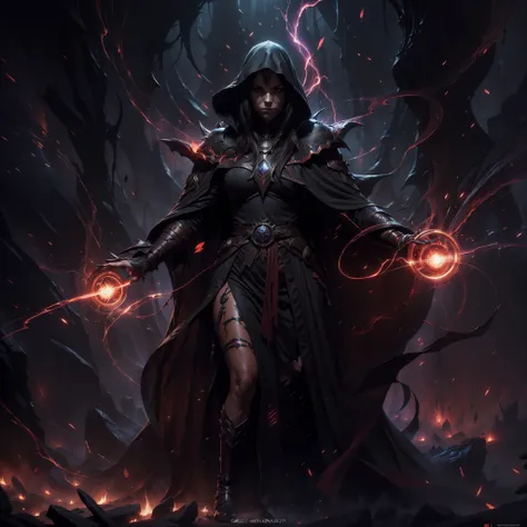 breathtaking concept art ((legendary dark mage lord)), black coat. (cave scenery), dark atmosphere, (vibrant colors), ((red spar...