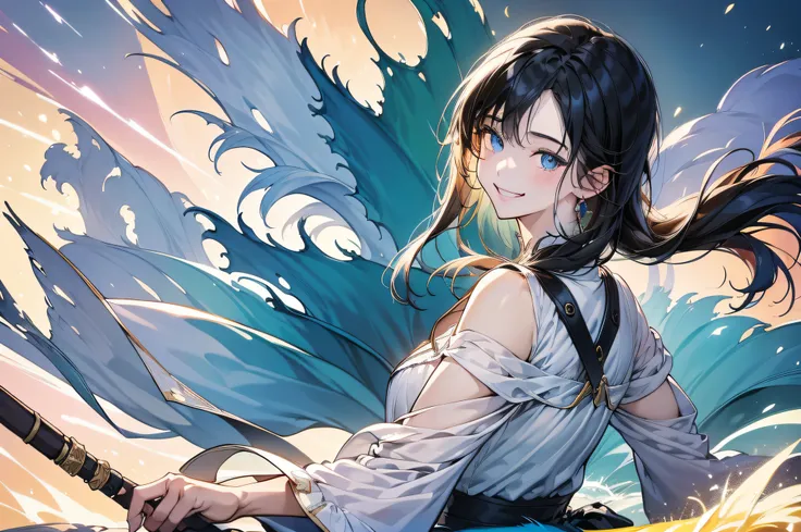 in 8K、top-quality、masterpiece:1.2)、1人の女性、(Smiling smile:1.1)、beautidful eyes、Valley、The upper part of the body、length hair、Like a boy、poneyTail、Blue View、
