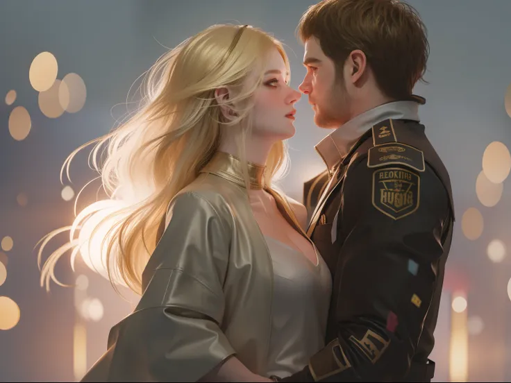 (( 30 years, big man short brown hair, tall ))with ((1woman blonde long hair)) art style guweiz , simple background , couple ,hot ,romance ,bokeh