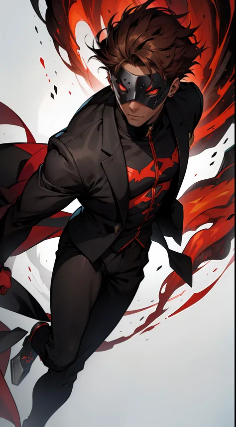 a black skin humanoid monster wearing a black suit with red details using a noble half eye mask, short brown hair, aura with vin...