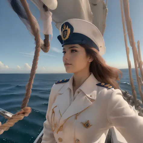 beautiful woman attractive well realistic with navy uniform on a ship on high seas day and in the sun best quality and best effe...