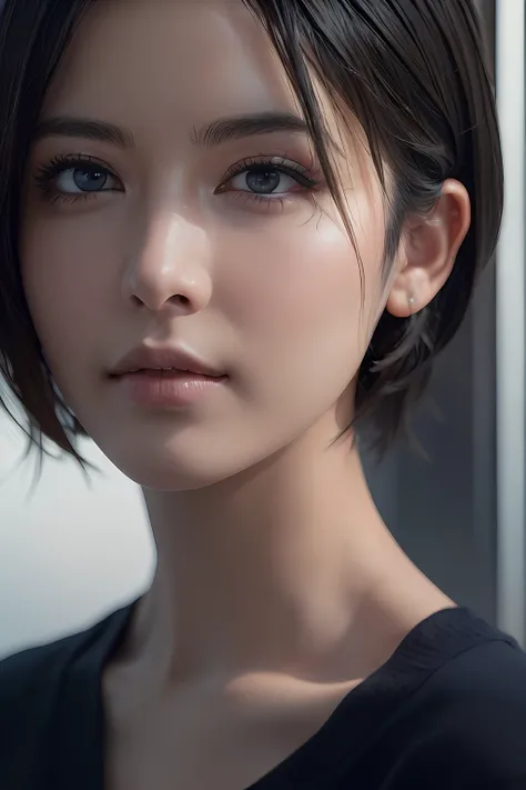 (masterpiece:1.3), (8k, photorealistic, RAW photo, best quality: 1.4), (1girl), beautiful face, (realistic face), (black hair, short hair:1.3), beautiful hairstyle, realistic eyes, beautiful detailed eyes, (realistic skin), beautiful skin, (sweater), absur...