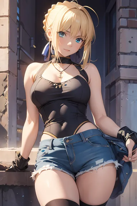 (masterpiece:1.4), (best quality:1.4), realistic, 1girl, artoria pendragon \(fate\), shorts, sleeveless shirt, city, necklace,