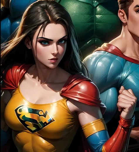 a young character of the girl of justice, roupas em tons amarelo, vermelho e azul. directed by: jasão edmiston, estilo alex ross...