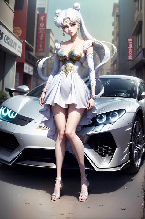 white girl (sailor moon) in fashionable clothes, white colored hair, Long white hair, gray hairs, Two bundles on the head, Odango hairstyle, pale skin, Cyan eyes , in full height, Lamborghini against the backdrop of a Japanese night city