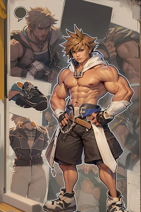 (masterpiece, best quality:1.2), cowboy shot, solo, male focus, 1boy, sora \(kingdom hearts\),muscular body, imposing body, impo...