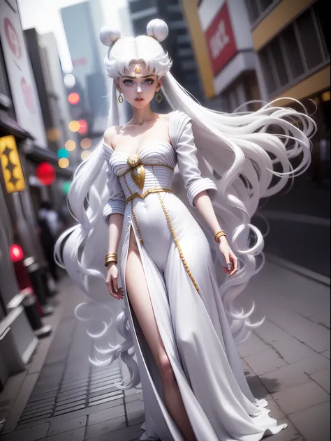 white girl (Sailor Moon) in fashionable clothes, Modern Japanese Fashion Clothing, white colored hair, Long white hair, gray hairs, Two bundles on the head, Odango hairstyle, pale skin, Cyan eyes , in full height, can be seen in full growth, Dynamic postur...