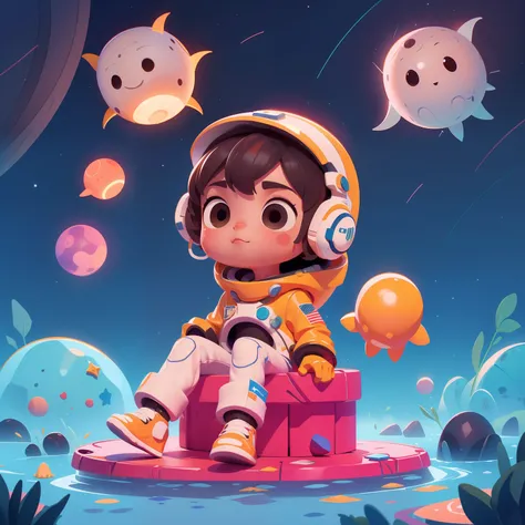 3dcharacter, roupa, (corpo inteiro: 1.2), fundo simples, obra-prima, melhor qualidade, (fundo gradiente: 1.1), 1man, Desenhe um jovem astronauta, trage espacial branco capacete com visor, sitting on a research platform floating in the middle of a belt of a...