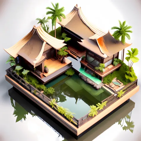 photo, a model of a cyberpunk balinese style house with a pond