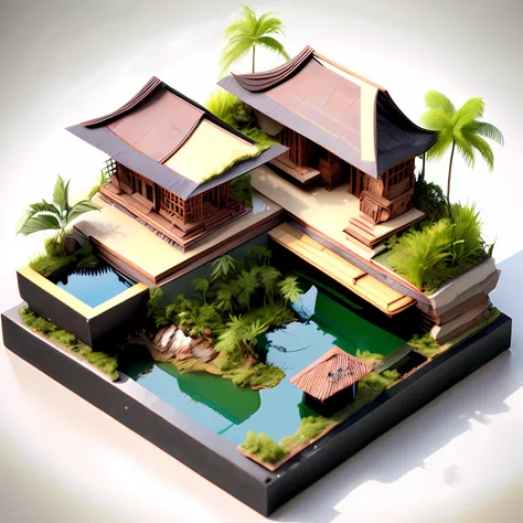 photo, a model of a cyberpunk balinese style house with a pond