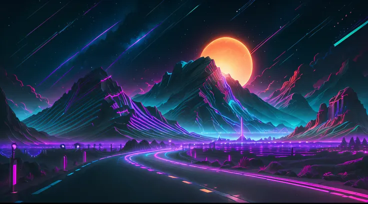 retrowave.  road,  purple neon lights, sun, mountain, 
(masterpiece,detailed,highres),