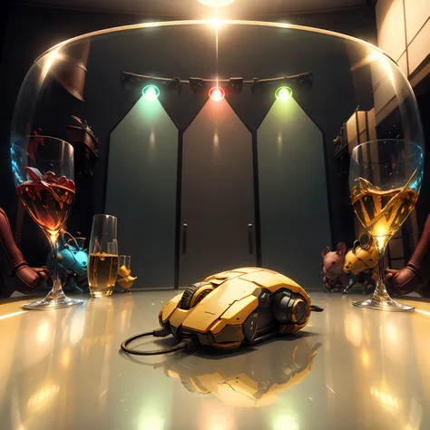 cordless gaming mouse with a colored light on a glass table, [red and yellow color, precision, product photography, depth of fie...