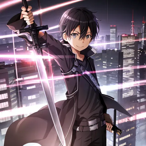 high res, kirito, solo, 1boy, smile, cyberpunk, cityscape, skyscraper, sword, light