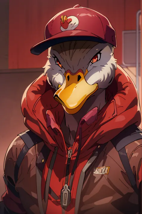 a closeup of a duck man in dark red jacket and red cap, como um personagem de anime, retrato depatolino, an anthropomorphic duck...