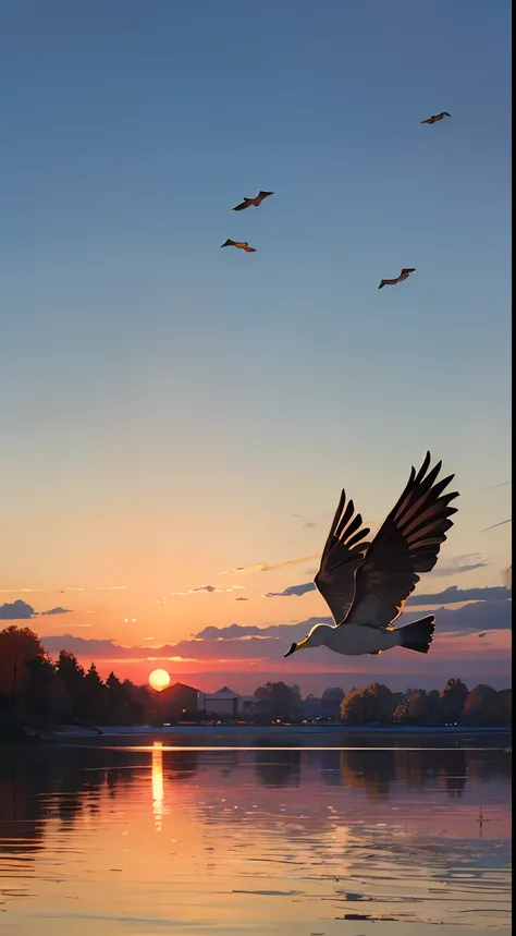 The sunset and the lone duck fly together, and the autumn water is the same color as the sky