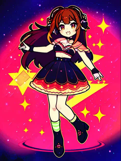 ((Masterpiece, highest quality)), (Best Picture:1.2), (Best Quality:1.3), looking at viewer, starry background, ((Q version)), full body, floating, v sing, finely detail, detailed face, full of details, highly detailed, depth, 1girl, girl in a skirt and he...