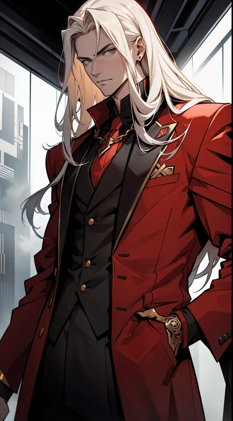 a tall teen guy with long golden hairs  , wearing a villain style clothes long red suit with black and white details , staring c...