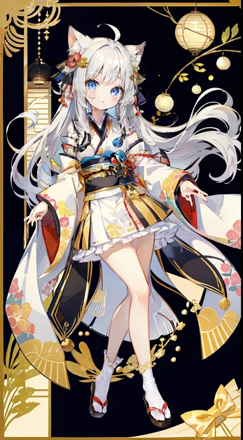 standing picture、full bodyesbian、cute little、​masterpiece、top-quality、top image quality、white  hair、long、kimono、kimono dresses、b...