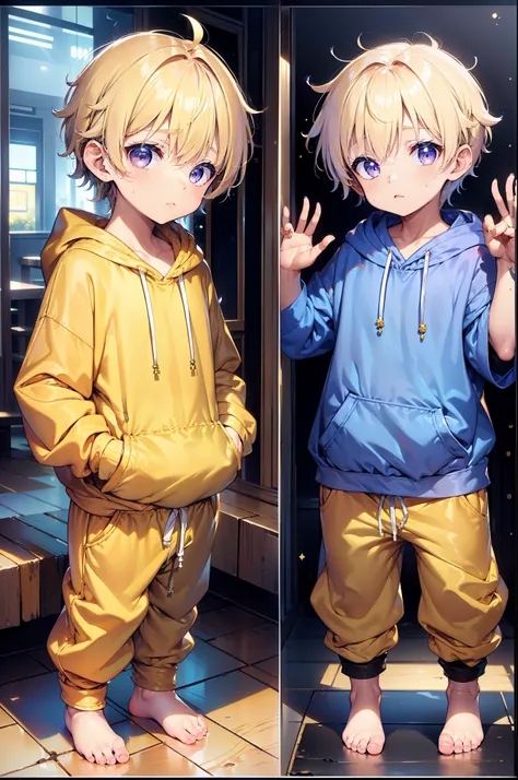 2 little boys with golden colored hair and shiny, glowing purple eyes and barefoot and small feet, who wear a yellow oversized h...