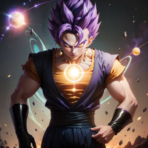 vegetto with purple hair and purple eyebrow and yellow eyes with a planet being destroyed in the background