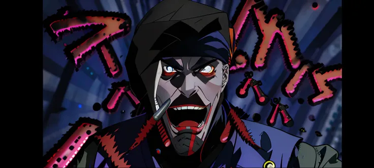 Cartoon close-up of a grumpy and brave man in blackface，From《jojos bizarre adventure》Screenshot，The Joker looks similar to Naruto，Aim for a《Kururo anime》Berserker style，Show courage and boldness，A blend of ninja scroll anime and madhouse anime styles，and t...