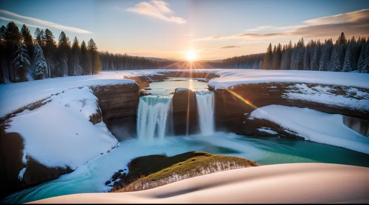 a hyper-realistic image, a high-quality photograph, a beautiful landscape, a river, (((waterfall))), trees, mountains on the horizon, pure blue sky with white clouds, (warm light:1.5), (snow:1.5), (sunset:1.5), (((to become night))), (((viewers view at gro...