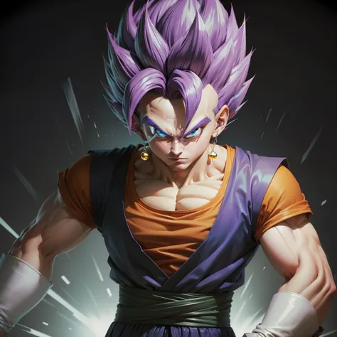 vegetto com cabelo roxo e sobrancelha roxa em pose de batalha