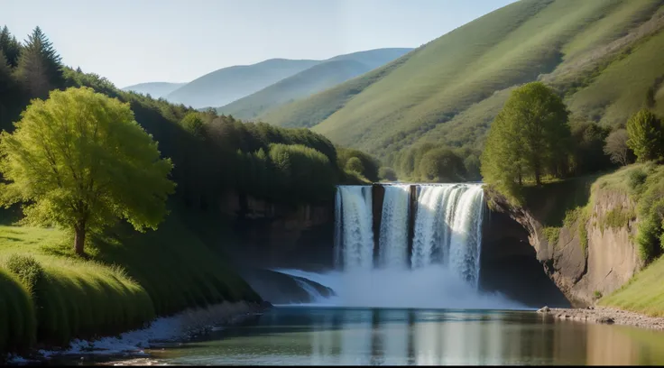 a hyper-realistic image, a high-quality photograph, a beautiful landscape, a river, (((waterfall))), trees, mountains on the horizon, pure blue sky with white clouds, (warm light:1.5), (snow:1.5), (sunset:1.5), (((to become night))), (((viewers view at gro...