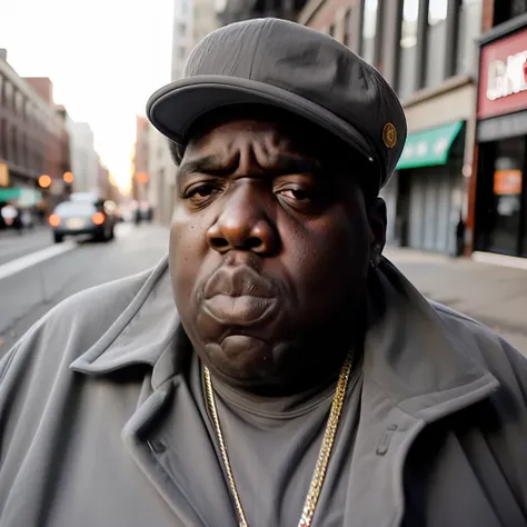 raw photo, (60 years old:1.4) biggie smalls on streets of brooklyn, full body shot, (wrinkles, grey hair:1.4), high detailed ski...