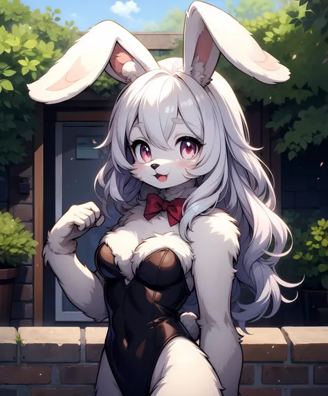 a ((furry)) rabbit girl, rabbit ears, leotard, ((body fur)), rabbit face, rabbit tail, red eyes break outside