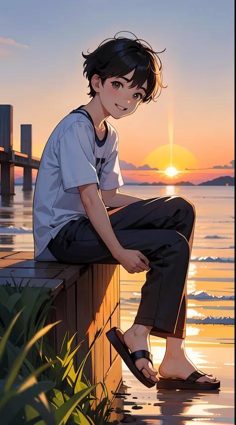 a happy little boy，dressed in casual attire，wear slippers，sit on grass，the background is the cross-sea bridge，there is a cute li...