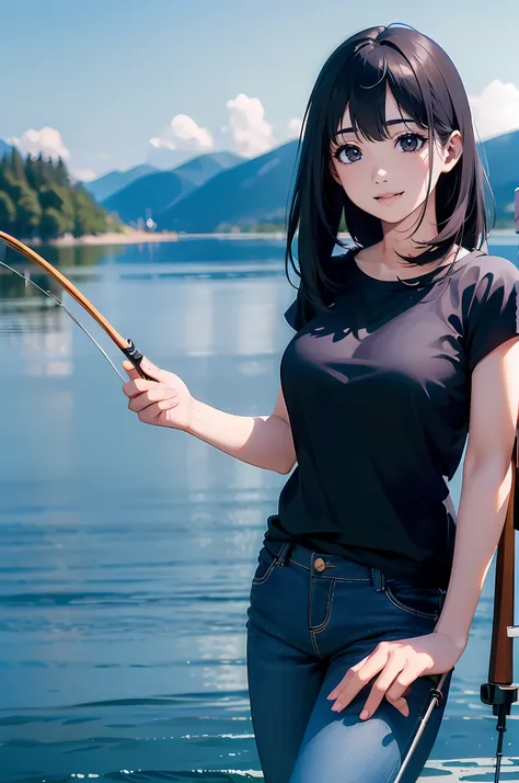 (((have a fishing rod by the lakeside:1.1))),((Best quality, Masterpiece :1.3)),1 japanese mature female,black hair, longeyelashes, solid circle eyes, light smile, drop shadow, atmospheric perspective, 8k, super detail, ccurate, best quality, middle breast...