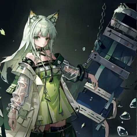 1girl, animal_ears, kal'tsit_\(arknights\), collar, solo, green_eyes, bare_shoulders, silver_hair, looking_at_viewer, green_dres...