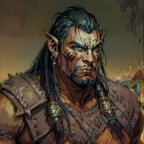 dave batista look a like, half orc, warchief, personagem de rpg, fantasia medieval, fechar retrato, desert