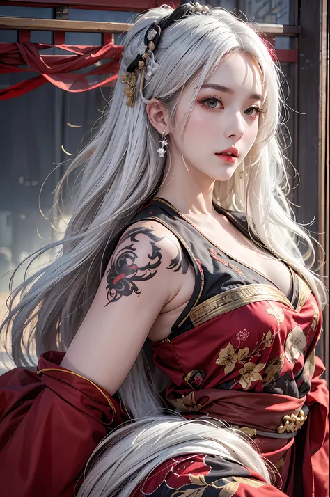 photorealistic, high resolution, 1women, solo, hips up, look at viewer, (detailed face), white hair, red wedding hanfu, full clo...