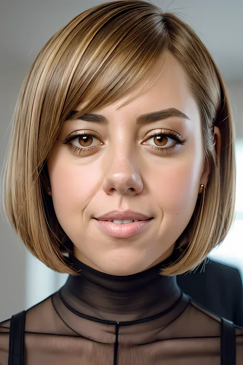 stunning intricate portrait of aubrey plaza, (brown eyes:1.4), (straight blonde bob haircut:1.2), (mischievous:1.2), wearing a g...