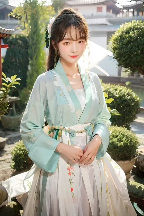 a girl in hanfu, with acient chinese clothes, light green hanfu, traditional chinese clothing, wearing ancient chinese clothes, ...