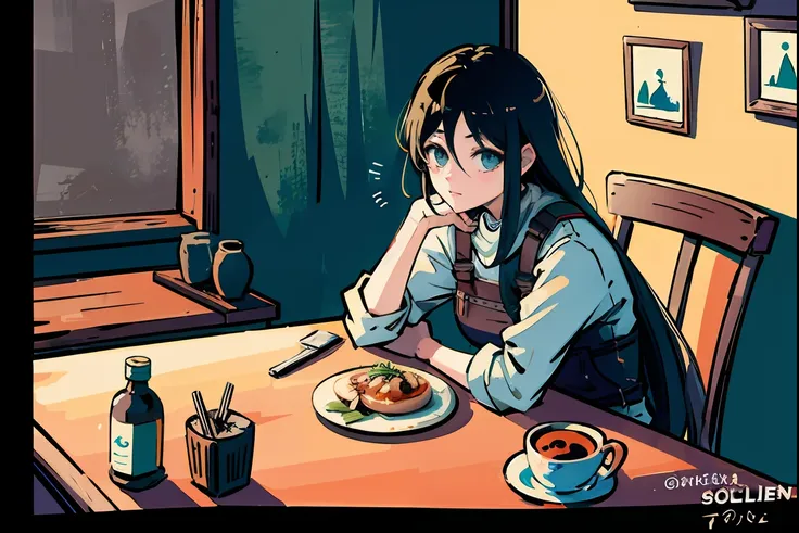 there is a woman sitting at a table with a plate of food, artwork in the style of guweiz, by shingei, made with anime painter st...