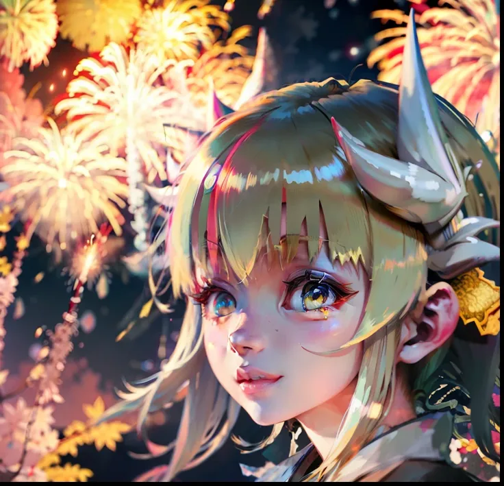 blond hairbl,komono,firework background,candy apple,laughingly