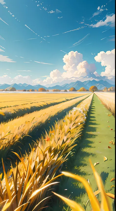 autumn，（beginning of autumn），（light yellow wheat field close-up）（mai lang），cyan mountains in the distance，pale yellow fallen lea...