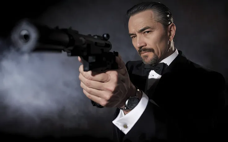 arafad image of a middle-aged asian man in a tuxedo holding a gun, sbeard， classic bond signature lens, from casino royale，movie...