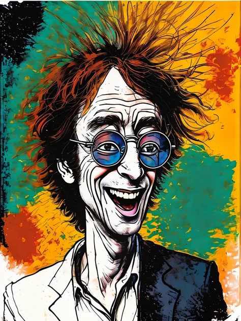 painting of a man with red hair and glasses smiling, velho john lennon, john lennon, elton john lennon, caricatura, estilo ralph...